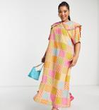 Native Youth Maxi Dress With Pleated Collar In Textured Checkerboard-multi