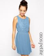 Asos Petite Exclusive Skater Dress With Pleated Skirt And Lace Top - Blue $38.52