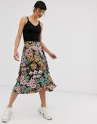 Monki Floral Print Button Through Midi Skirt-multi