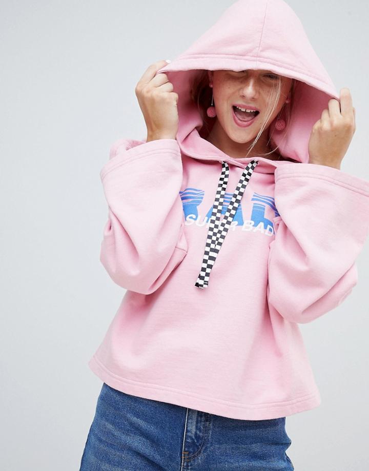 Chorus Rad Print Flared Sleeve Hoody With Checkerboard Drawstrings - Pink