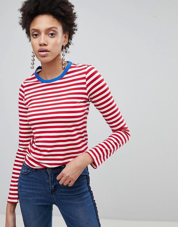 Stradivarius Contrast Neck Stripe Long Sleeve Tee - Red