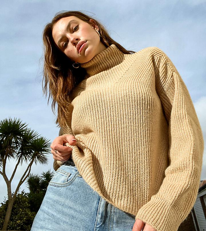 Asos Design Tall Boxy High Neck Sweater In Camel-neutral