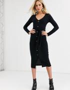 New Look Button Through Belted Midi Dress In Black