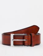 Asos Design Slim Leather Belt With Burnished Edge In Brown