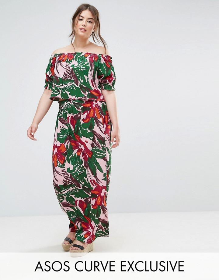 Asos Curve Maxi Skirt In Palm Print - Multi