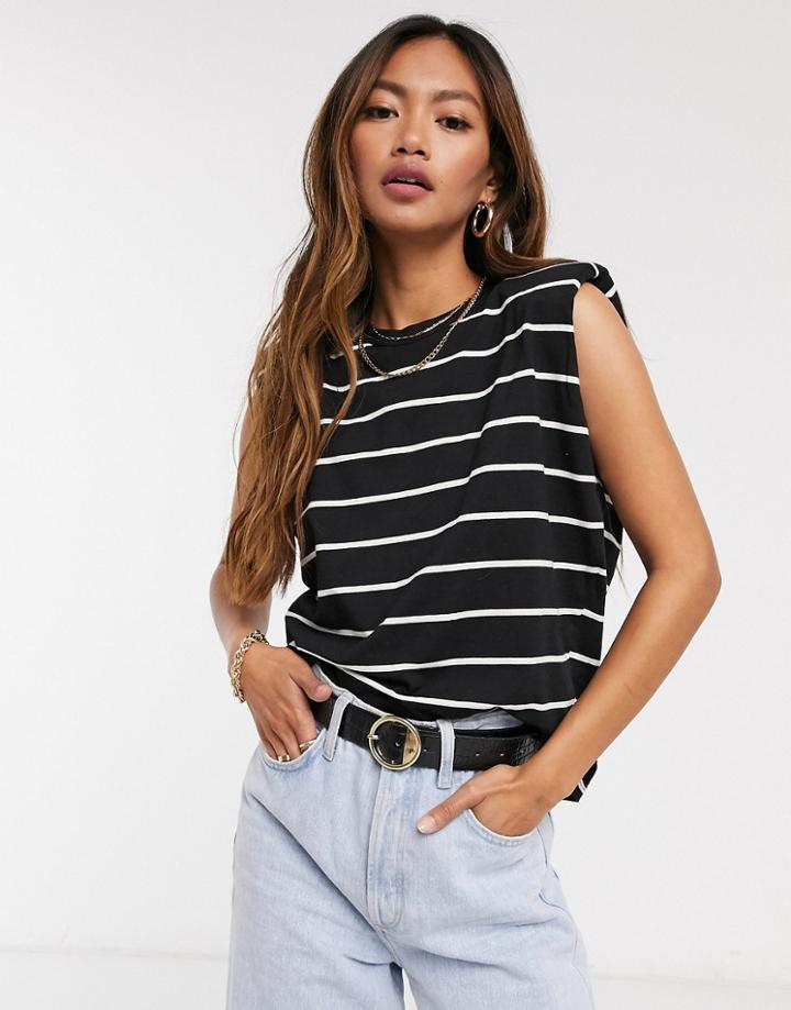 Mango Organic Cotton Padded Shoulder Tank In Stripe-white