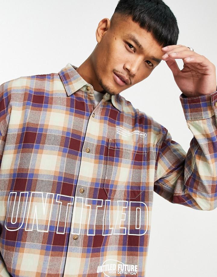 Topman Oversize Check Shirt With Chest Print In Stone And Burgundy-multi