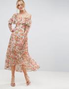 Asos Maxi Tea Dress With Ruffle In Floral Print - Multi