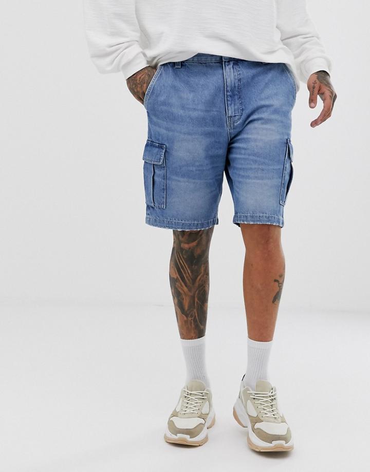 Bershka Denim Cargo Shorts In Light Blue - Blue