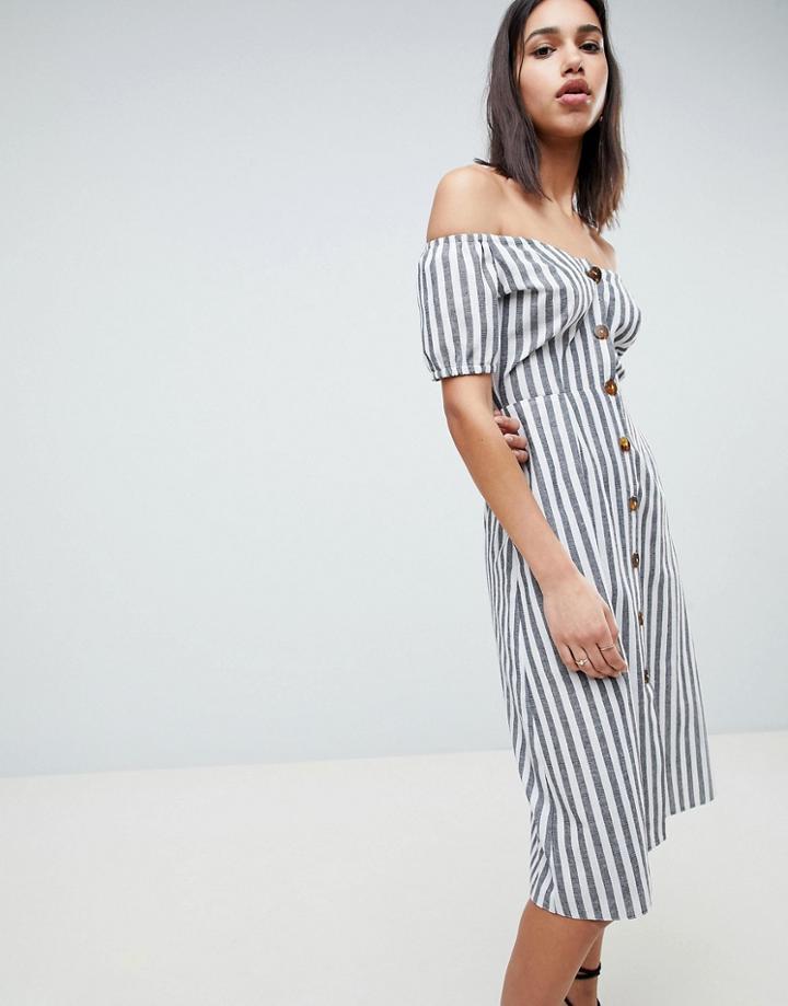 Asos Design Button Through Midi Off Shoulder Dress In Stripe - Multi
