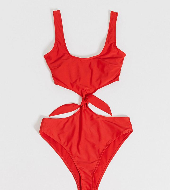 Wolf & Whistle Fuller Bust Exclusive Eco Plunge High Leg Swimsuit With Hardware In Red