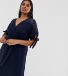 Pink Clove Mini Wrap Dress With Tie Waist And Lace Inserts - Navy