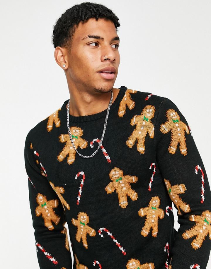 Another Influence Festive Gingerbread Print Sweater In Black
