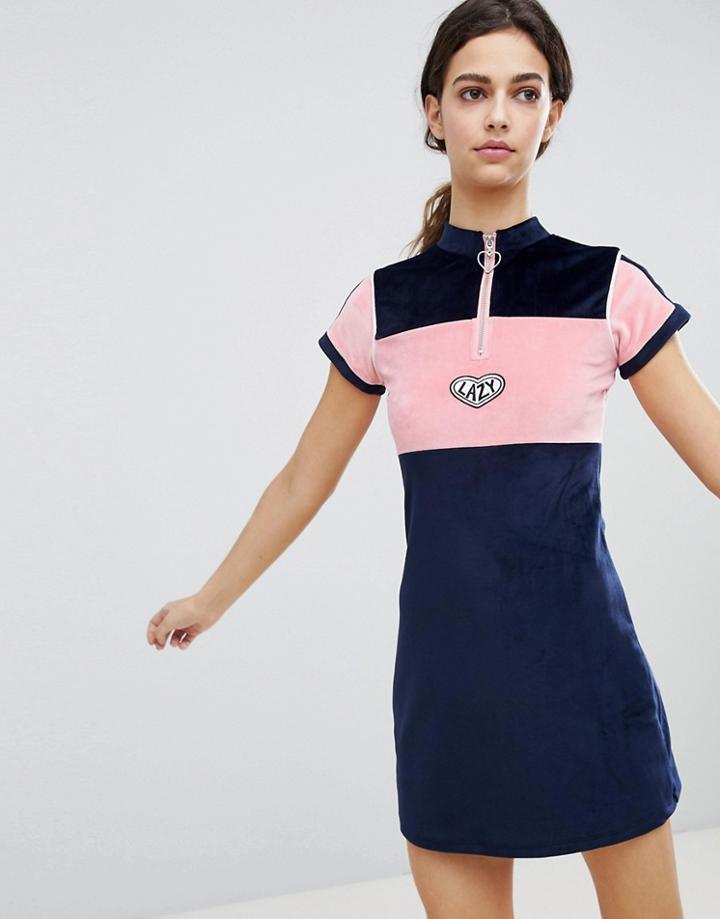 Lazy Oaf Velour Dress With Neck Zip - Navy