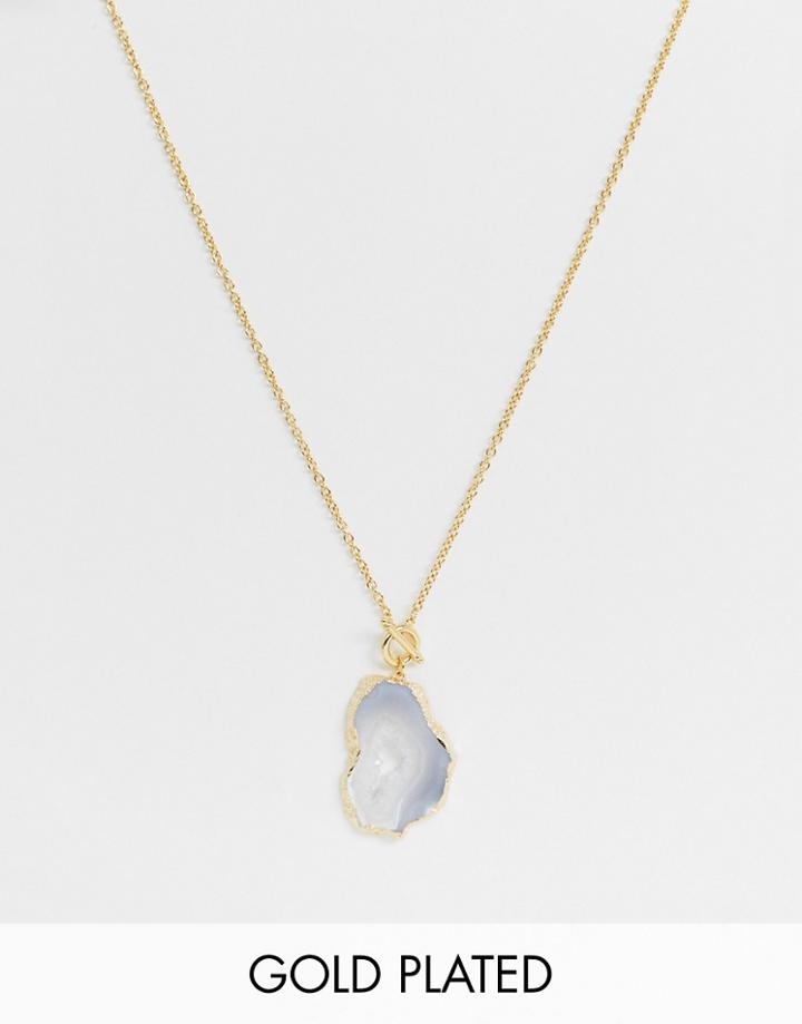 Asos Design Premium Gold Plated Necklace With Toggle And Semi-precious Natural Agate Stone - Gold