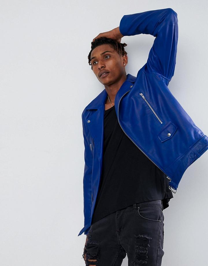 Asos Leather Biker Jacket With Belt In Bright Blue - Blue