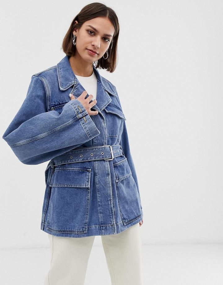 Selected Femme Tie Waist Denim Jacket With Balloon Sleeves-blue