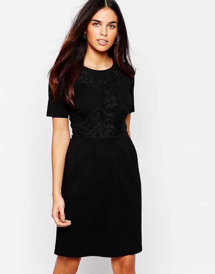 Warehouse Lace Panel Shift Dress - Black