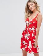 Parisian Lace Up Front Floral Skater Dress - Red