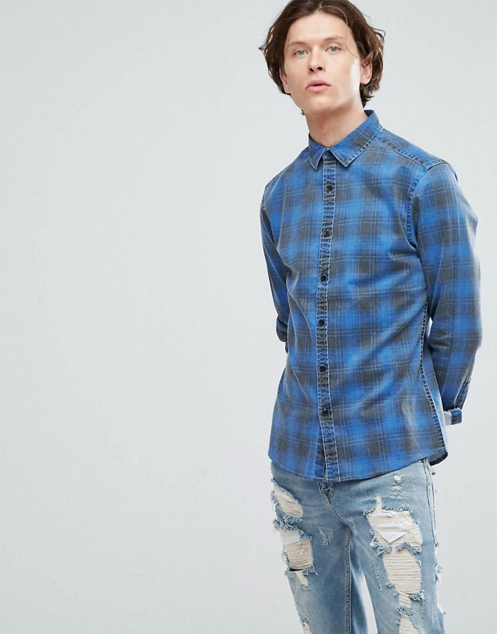 Asos Stretch Slim Denim Check Shirt - Blue