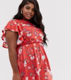 Club L Plus Printed Floral Frill Sleeve Dress - Red