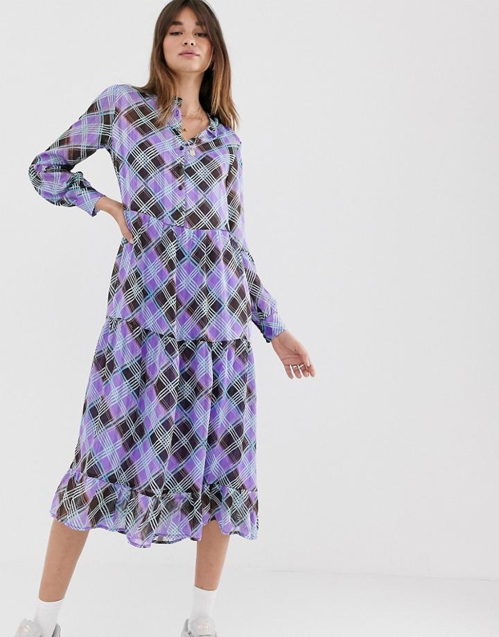 Levete Room Check Print Tired Midi Dress - Purple