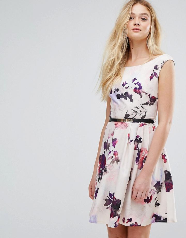 Little Mistress Petal Print Belted Prom Dress - Pink