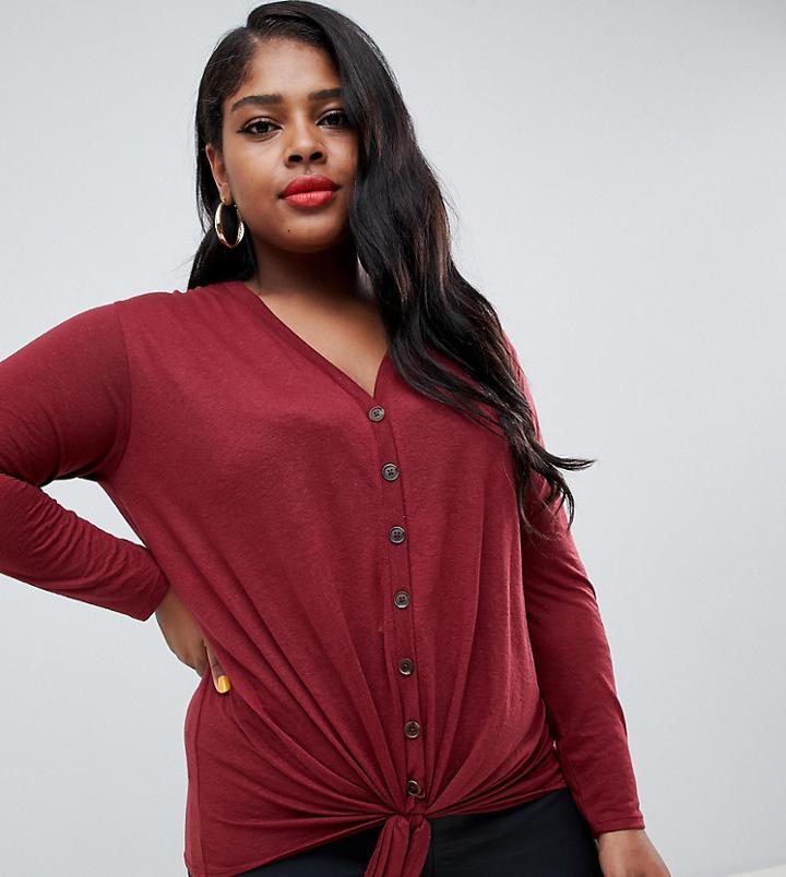 New Look Curve Button Through Tie Front Top - Red