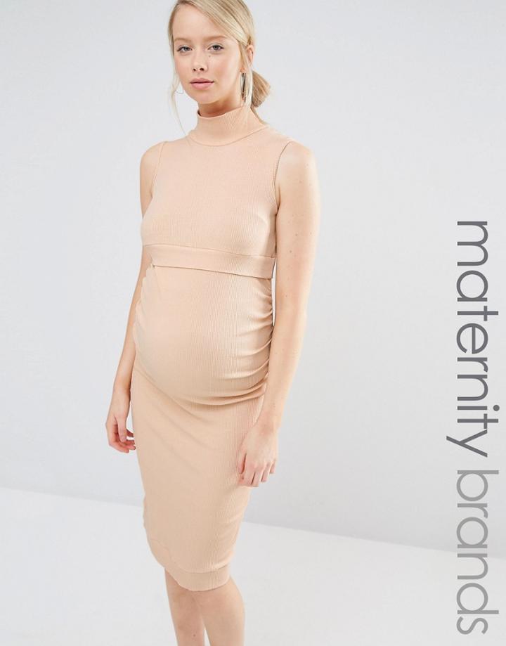 Bluebelle Maternity Sleeveless Ribbed Midi Dress - Beige