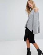 Fashion Union Oversized Knitted Sweater With Cold Shoulder In Rib - Gray
