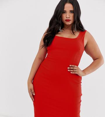 Vesper Curve Square Neck Pencil Dress In Red - Red