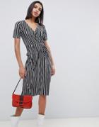 Asos Design Mono Stripe Belted Plisse Wrap Dress - Multi
