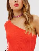 Asos Design Choker Necklace With Crystal Studs In Pink Faux Leather - Pink
