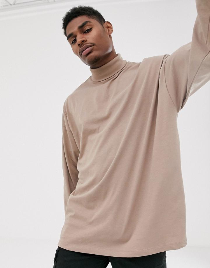 Asos Design Oversized Long Sleeve T-shirt With Roll Neck In Beige