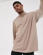 Asos Design Oversized Long Sleeve T-shirt With Roll Neck In Beige