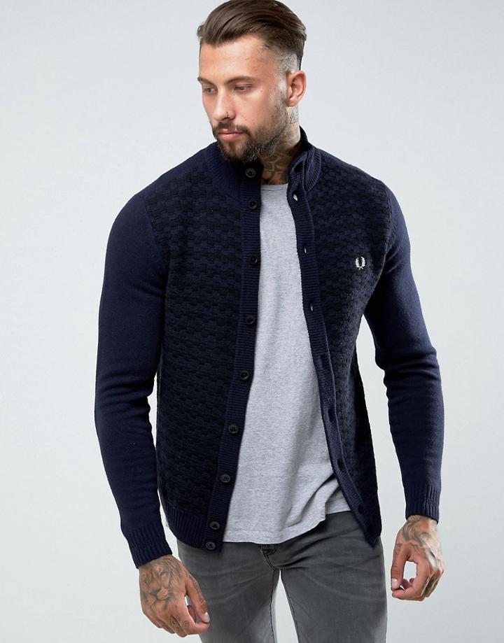 Fred Perry Textured Button Through Cardigan In Navy - Navy