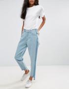 Chorus Contrast Panelling Stepped Hem High Waisted Straight Jean - Blue