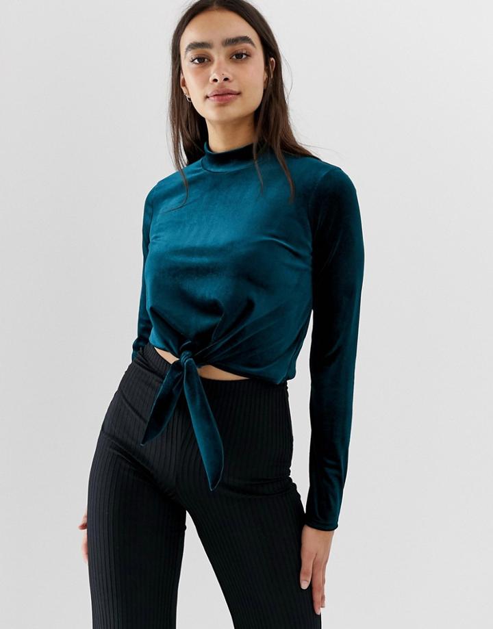 Miss Selfridge Tie Front Top In Green Velvet - Green