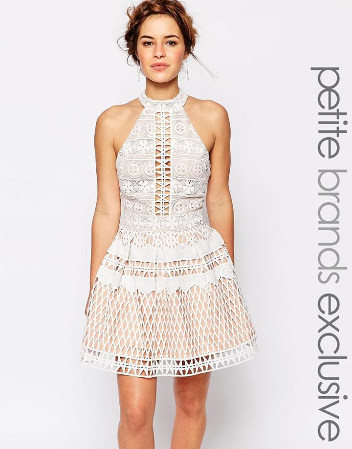 Jarlo Petite High Neck All Over Cutwork Lace Mini Prom Dress - White