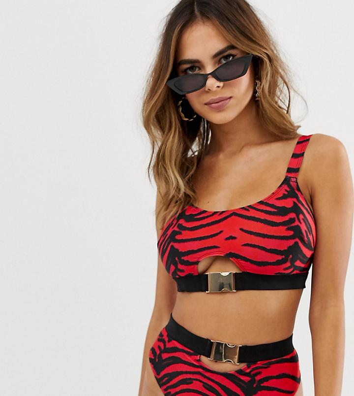 Wolf & Whistle Fuller Bust Crop Bikini Top With Buckle In Tiger Print - Multi