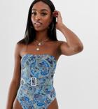 Asos Design Tall Clean Bandeau Belted Seam Swimsuit In Paisley Print - Multi