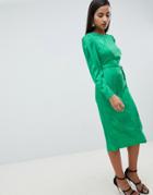 Asos Design Jacquard Midi Pencil Dress With Belt - Green