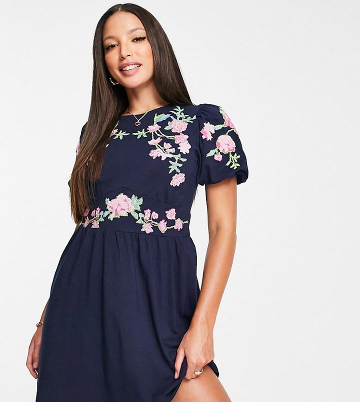 Asos Design Tall Mini Dress With Puff Sleeve And Cross Stitch Embroidery In Navy-blues