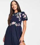 Asos Design Tall Mini Dress With Puff Sleeve And Cross Stitch Embroidery In Navy-blues