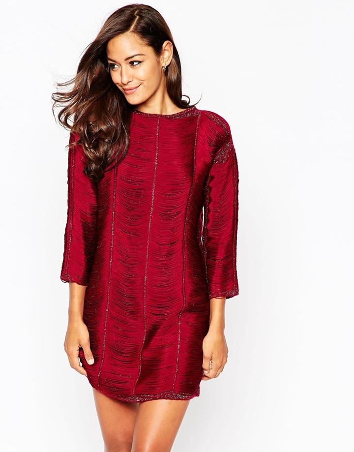 Asos Sweater Dress With Fringe Detail - Dark Red