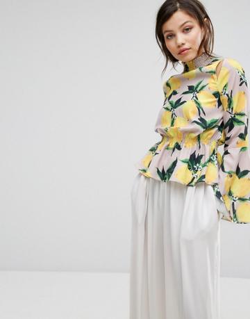 Aeryne High Neck Top With Fluted Sleeves In Lemon Print - Multi