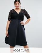 Asos Curve Midi Skater Dress With Scuba Skirt And Lace Top - Black