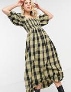 Asos Design Shirred Maxi Dress In Black And Green Plaid-multi