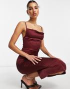 Parisian Satin Cami Strap Midi Dress With Cowl Neck In Burgundy-red