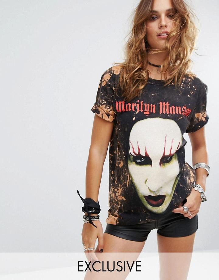 Reclaimed Vintage Inspired Festival Bleached T-shirt With Marilyn Manson Tour Print - Black